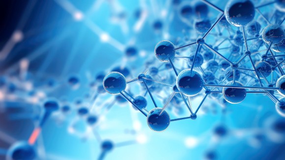 Blue interlocked molecules with blurry blue background