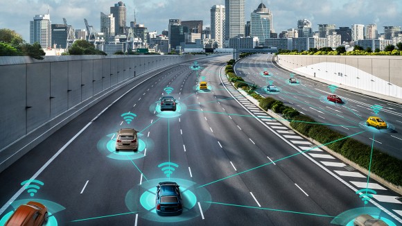 Autonomous car sensor system concept for safety of driverless mode car control. Future adaptive cruise control sensing nearby vehicle and pedestrian. Smart transportation technology.