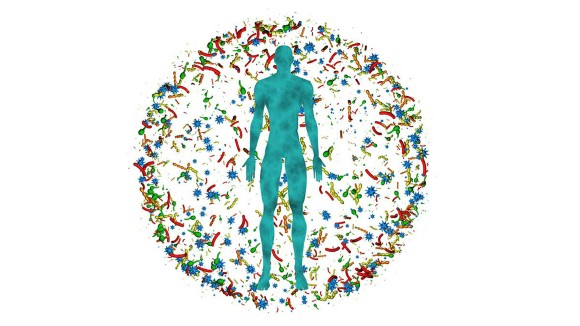 Male body,man surrounded by microbiome cloud of bacteria, viruses, microbes. 3d rendering. Dense microbe population