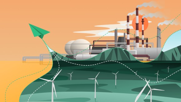 Change the world by using renewable energy illustration concept shows the paper rocket is symbol for changing the using fossil energy to wind turbine energy that is renewable energy that makes the world reducing pollution.