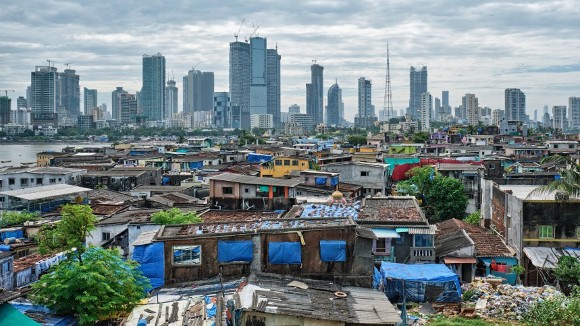 Mumbai skyline over slums