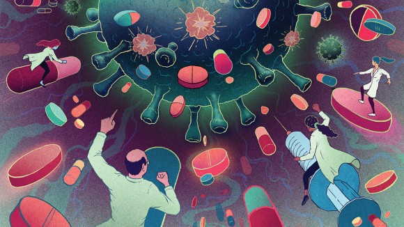Scientists and doctors riding syringes and capsules, and surfing on tablets at a coronavirus