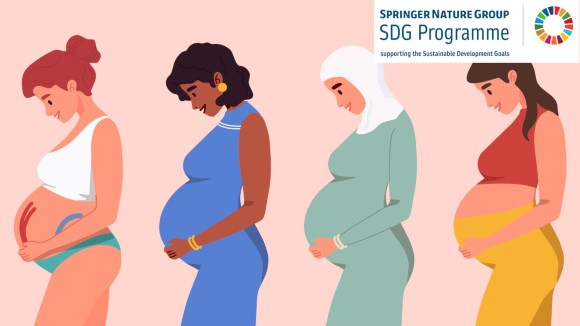 A graphical representation of 4 pregnant women standing side-on.  Each women is a different ethnic nationality; demonstrated by their different clothing.  One is wearing a hijab, another is in a long dress typical of African culture, another is wearing Western exercise clothes.