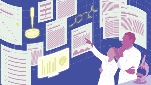 research methods & reporting Two scientists standing next to a microscope looking at text and data on pages on a floating banner behind them.
