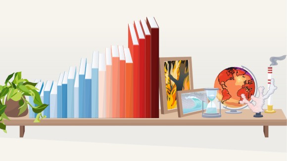 A book shelf displaying books coloured blue to red in the style of the warming stripes