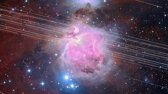 Satellite trails obsecure Orion Nebula