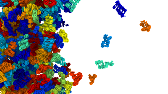 Zoomed-in image of individual nucleosomes in red, yellow, blue, and green, floating around on a white background.