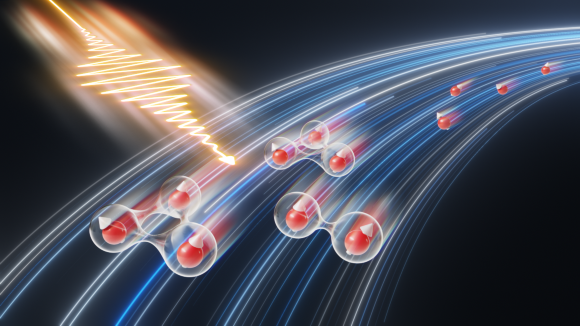 An artistic representation of light-induced entanglement between electrons in a quantum material subject to an intense laser pulse.