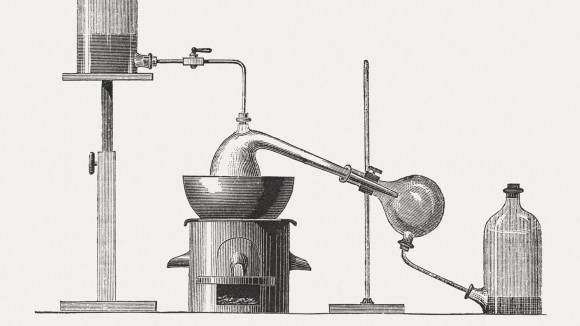 A wood engraving showing the preparation of diethyl ether by the condensation of ethanol and sulfuric acid. Published in 1880.