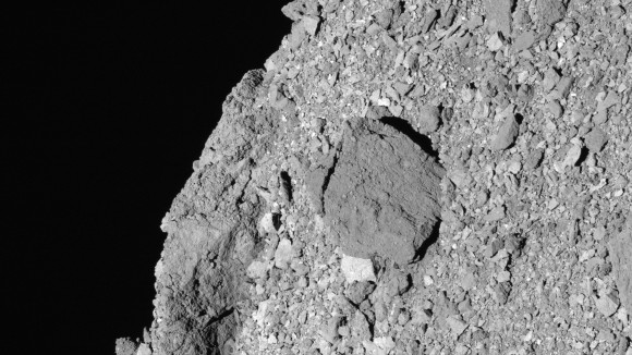Image shows the boulder-strewn surface of the asteroid Bennu, as imaged by NASA’s OSIRIS-REx spacecraft.