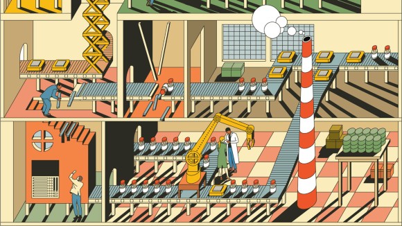 Illustration showing a production line of innovation 