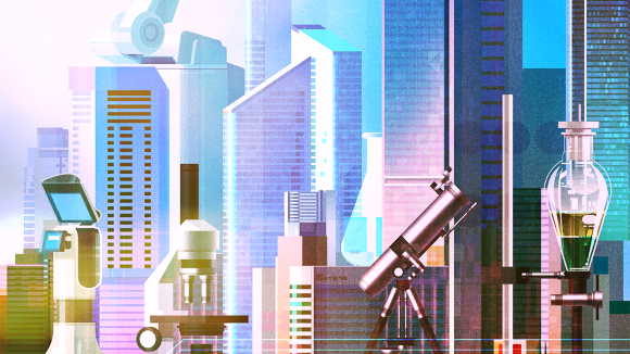 Illustration of a city skyline with laboratory materials in the forefront