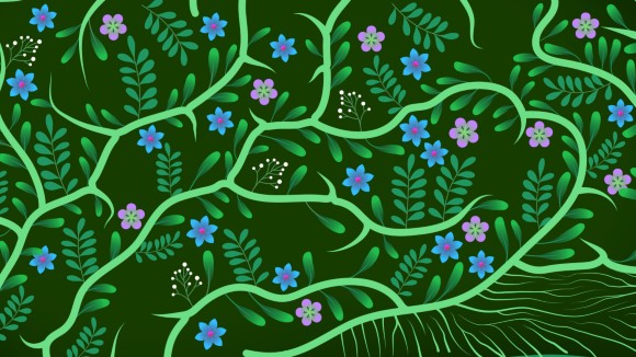 Drawing of brain in dark green on a lighter background. The stylised lines of the brain are made of blue and violet flowers and light green stems.