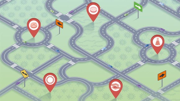 Roadmap with microbiology images depicted on destination icons