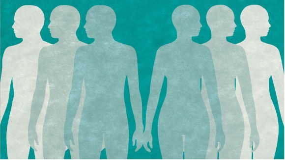 Six human body silhouettes, the three on the left are male-shaped, the three on the right female. 