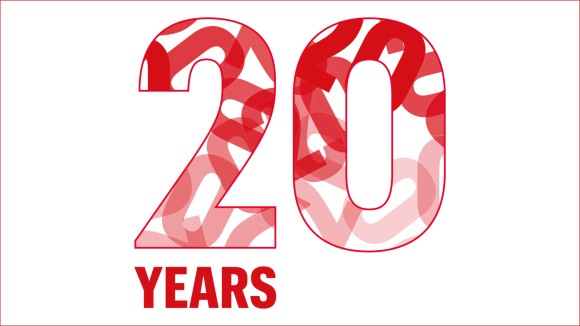 Large red logo featuring the number 20 years