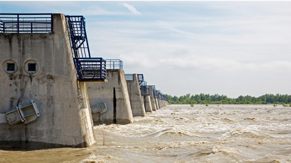 Danube waves at flood by highest measured water beyond Cunovo barrage in 2013 in Bratislava