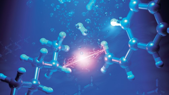 Two molecules reacting together to form a new bond, as shown by a lightning bolt, with bubbles of hydrogen being released.