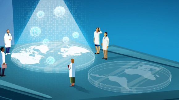 Illustration showing scientists standing under a microscope studying cancer cells. 