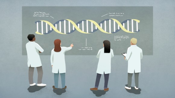 Scientists examining and discussing DNA double helix diagram - stock illustration