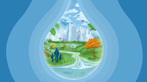 Illustration showing nature scene surrounded by a water droplet 