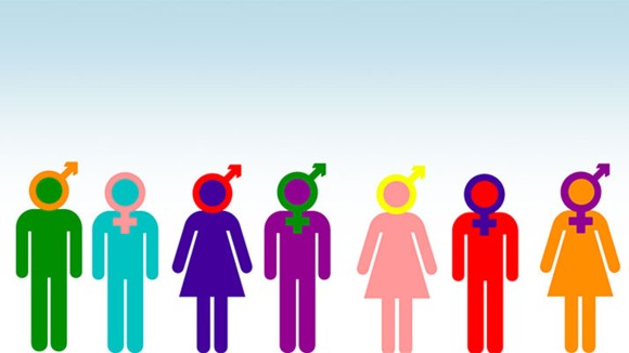 A row of colourful male and female pictograms with gender symbols circled around their heads