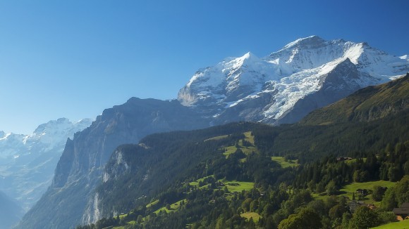 Mountain backdrop with green forest foreground.