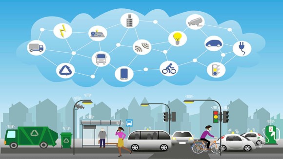 Everything connected in the smart city. Sensors in garbage cans for pickup time. Real-time traffic sensors to optimize traffic flow. Autonomous vehicles. Electricity for sustainable transports.