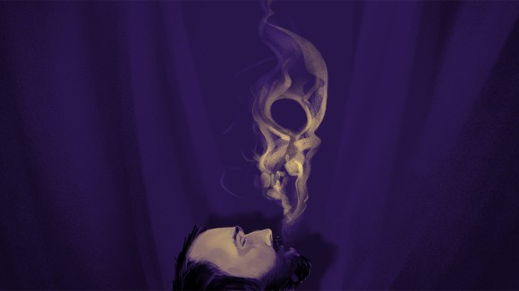  a beared man exhaling smoke which hovers above his face in the shape of a skull