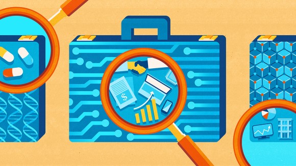 Illustration showing suitcase with the contents under a microscope 
