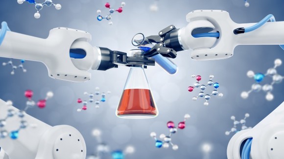 Robotic arms producing a chemical reaction by using laboratory tubes filled with colored liquids among the levitating models of organic molecules