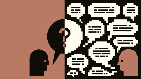 A brown, black and white pixelated illustration showing two heads facing one another. 