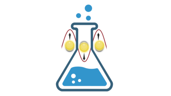 Cartoon depiction of Erlenmeyer flask containing bubbling blue liquid with symbolic depiction of yellow gold nanospheres excited by plasmonic resonance