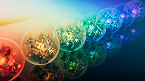 Illustration of perovskite quantum dot technology. Quantum dots are semiconducting nanocrystals with adjustable properties. They can absorb and emit various wavelengths of light within the visible spectrum. Quantum dots which are based on perovskite materials exhibit excellent photoluminescence quantum yields and high color purity. They show great promise for use in displays, UV sensors and lighting devices
