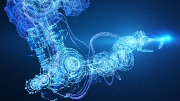 Wire mesh and low poly model mechanic robot arm on a dark blue background.