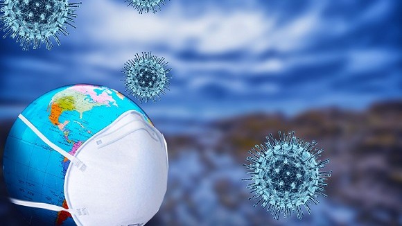 Sars-COV-2 virus and globe with mask