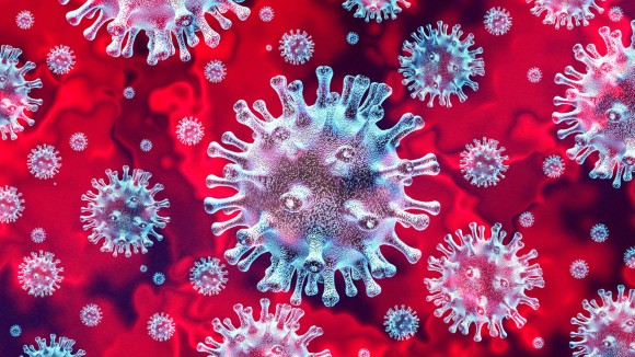 Artists impression of viruses on a red background.