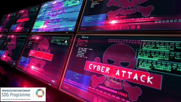 Cyber attack with skull symbol alert on computer screen