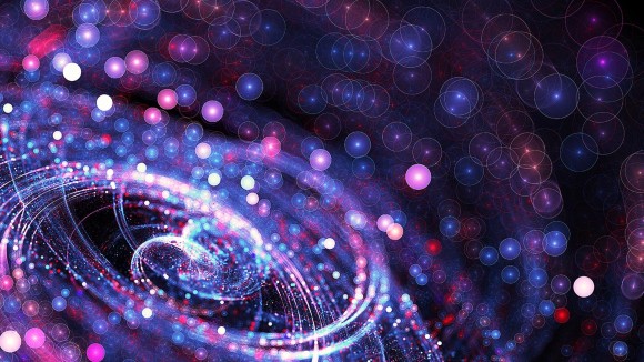 An abstract digital image showing spherical pink, purple and blue lights swirling together into a downward spiral