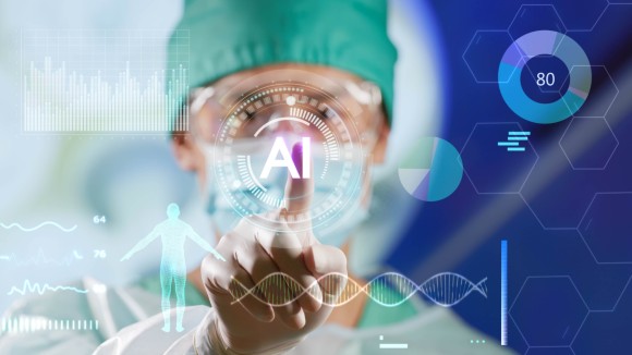 Photographic footage of a surgeon interacting with an AI holographic interface