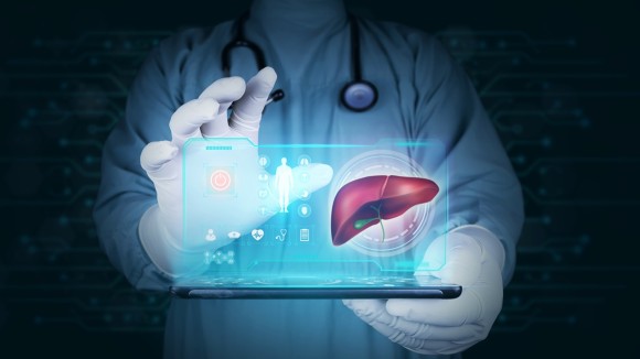 The doctor projects the human liver on his tablet, analyzes and studies hepatitis. Medical technology