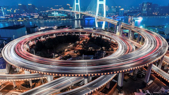 beautiful nanpu bridge at night, crosses huangpu river, shanghai, China