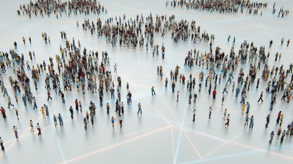 Computer graphic rendering of crowds of people viewed from above