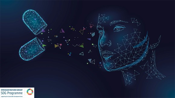 Futuristic AI line drawing of a young face with a medicine capsule blowing medicine onto the face