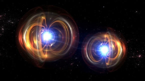 Graphic rendering of quantum mechanics, with two quantum particles on a black background
