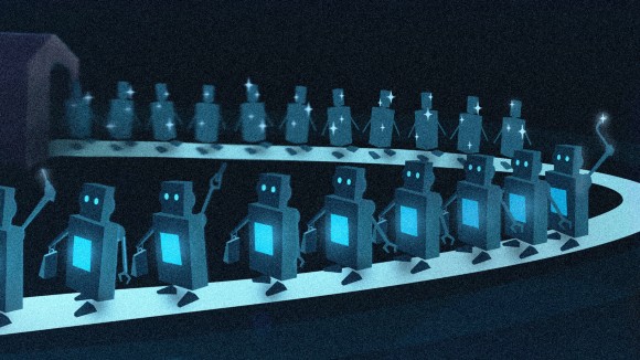 Representing the production of immune cells, robots carrying tools are displayed on a production line.