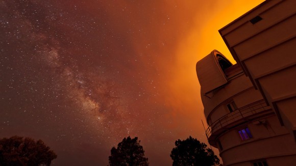 Wildfires make the night sky glow orange around the McDonald Observatory in Texas.