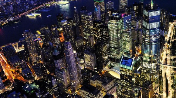 aerial view of new york city at night