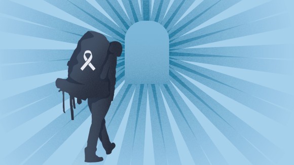 Against a blue background, a shadow of person wearing a large, heavy-looking backpack walks towards a door that has rays of light coming from behind it. The backpack has a curved ribbon attached to it, the symbol for cancer. 