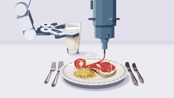The image shows a plate with a DNA print that contains 3D-printed meat, a tomato and golden rice. In addition, a robot hand holds a glass of milk.